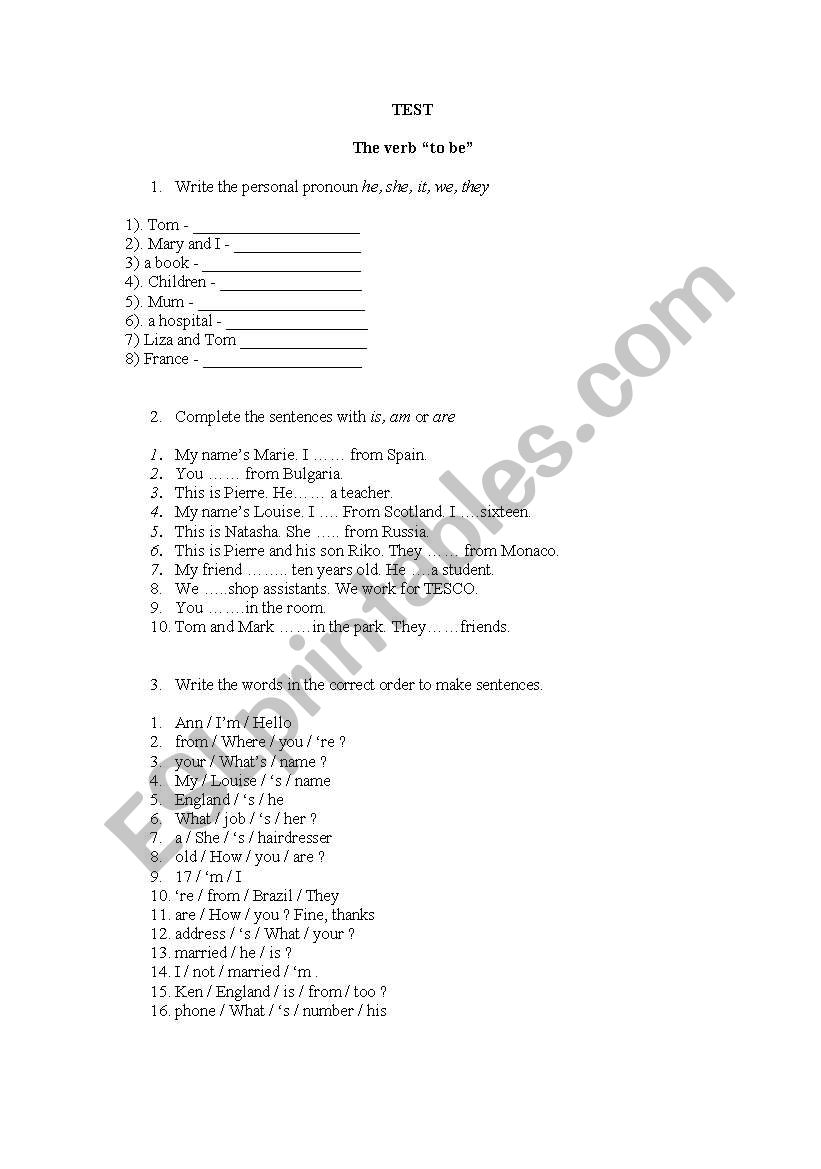 Beginners Test worksheet