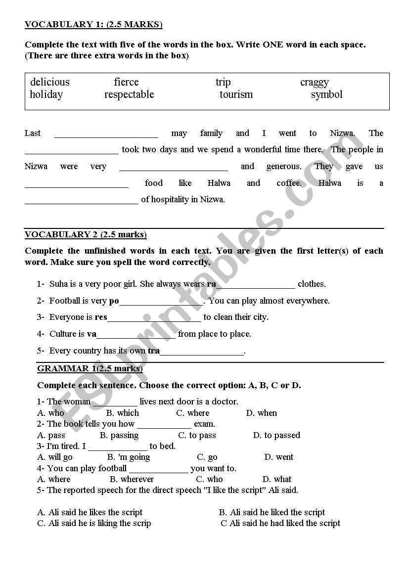 vocabulary and grammar quiz worksheet