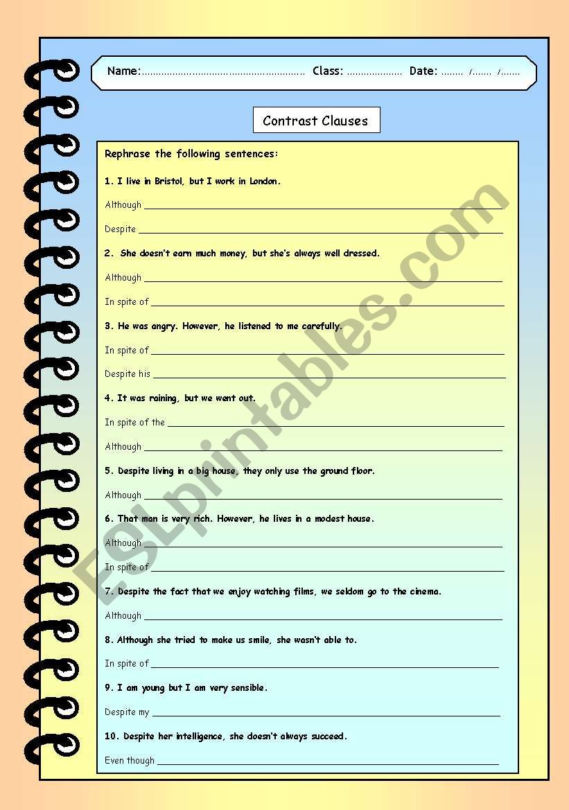 Contrast clauses worksheet