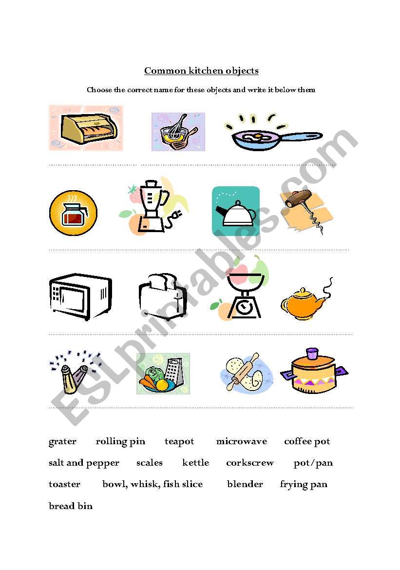 Common kitchen objects worksheet