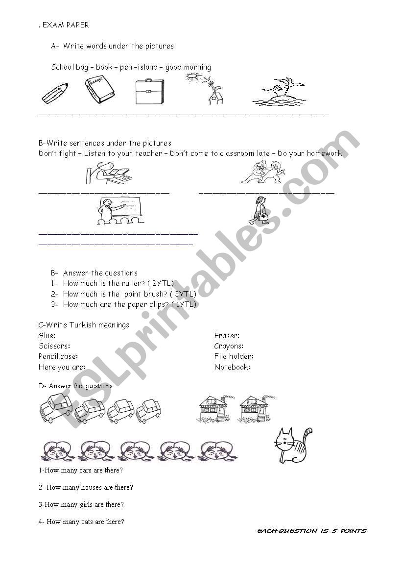 exam worksheet