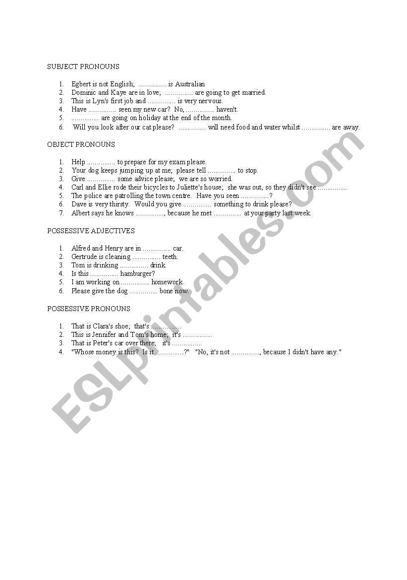 Subject, object and possesive  pronouns, 