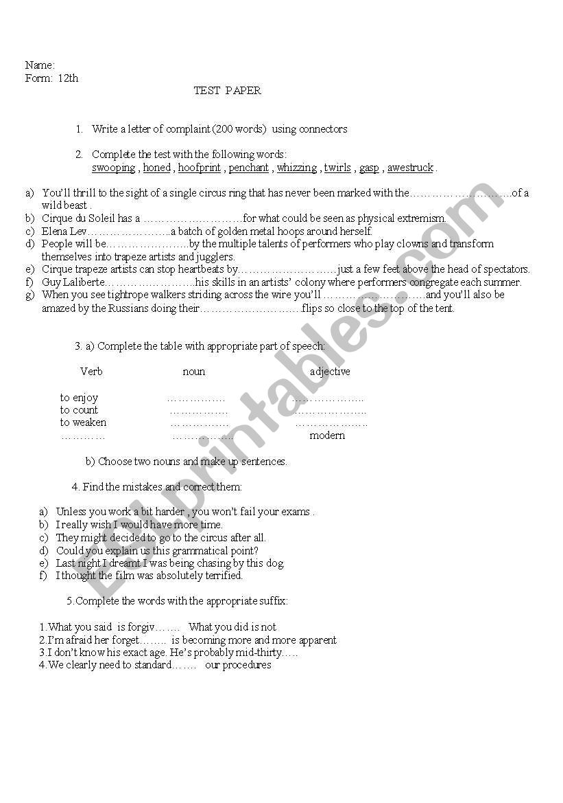 Test unit 1 worksheet