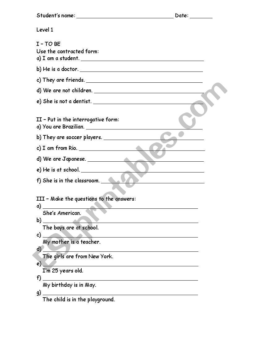 Level 1 worksheet
