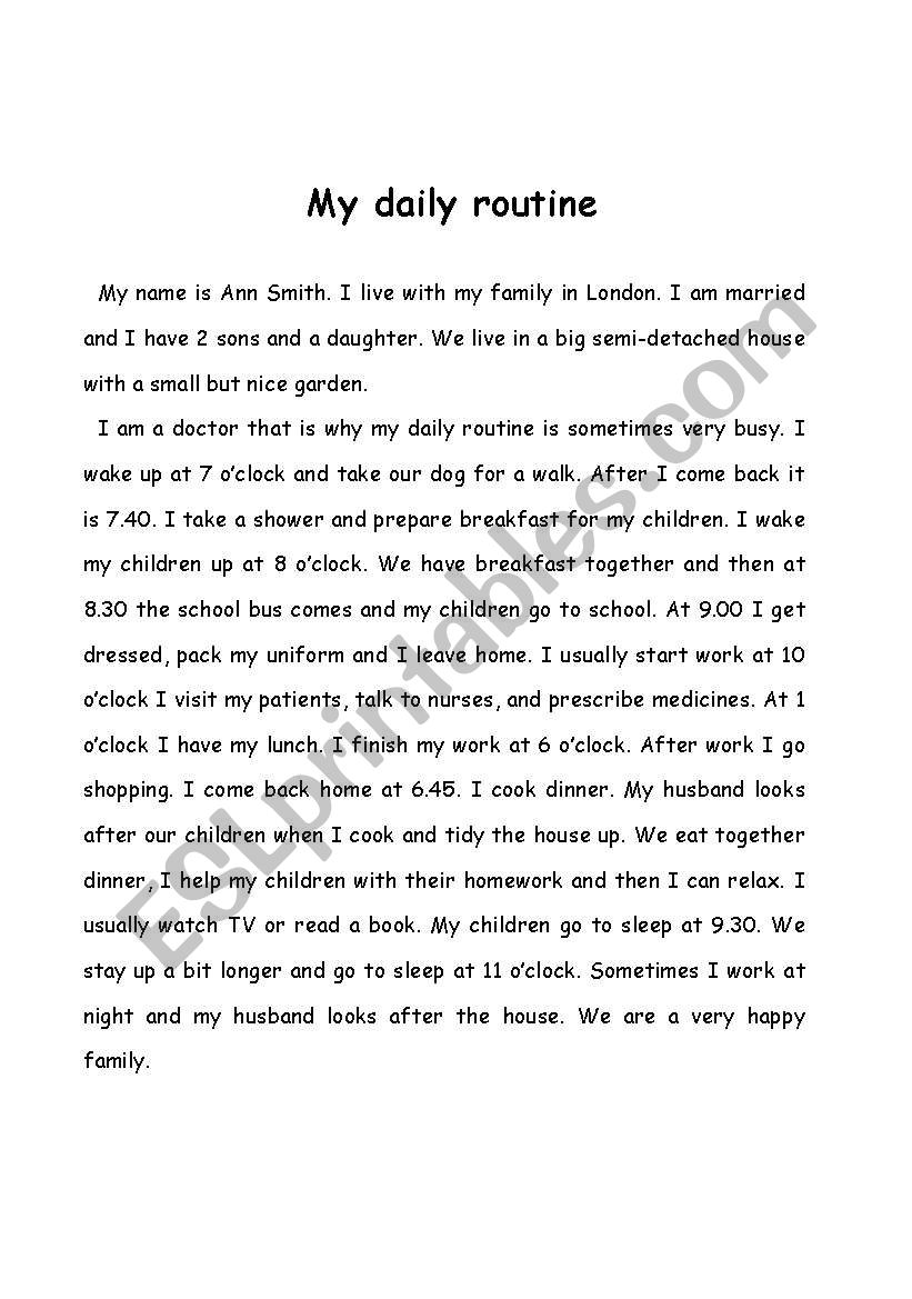 Daily routine worksheet