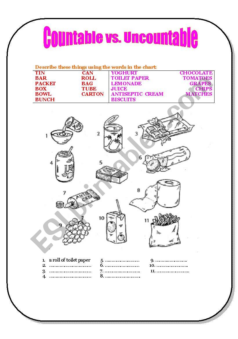 Countable vs. Uncountable worksheet