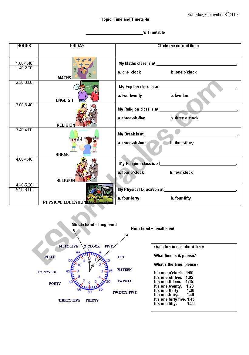 Time and timetable worksheet