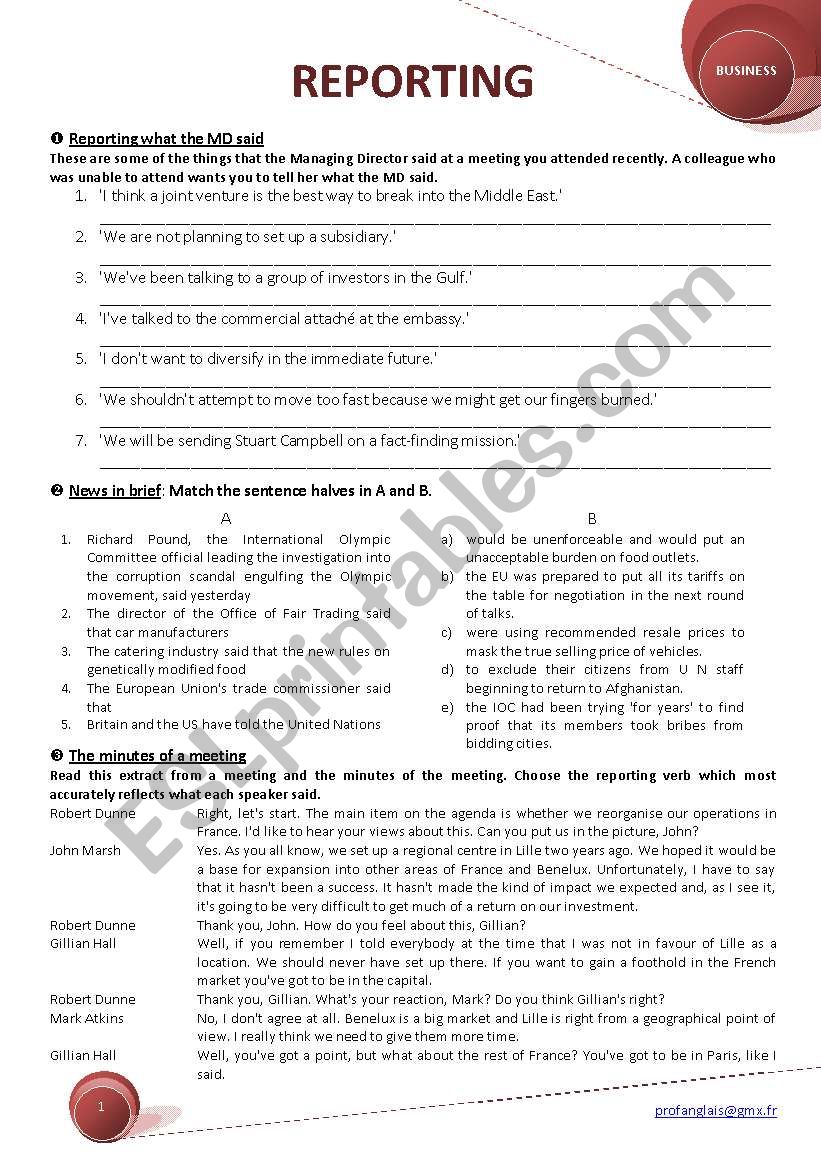 REPORTING - BUSINESS worksheet