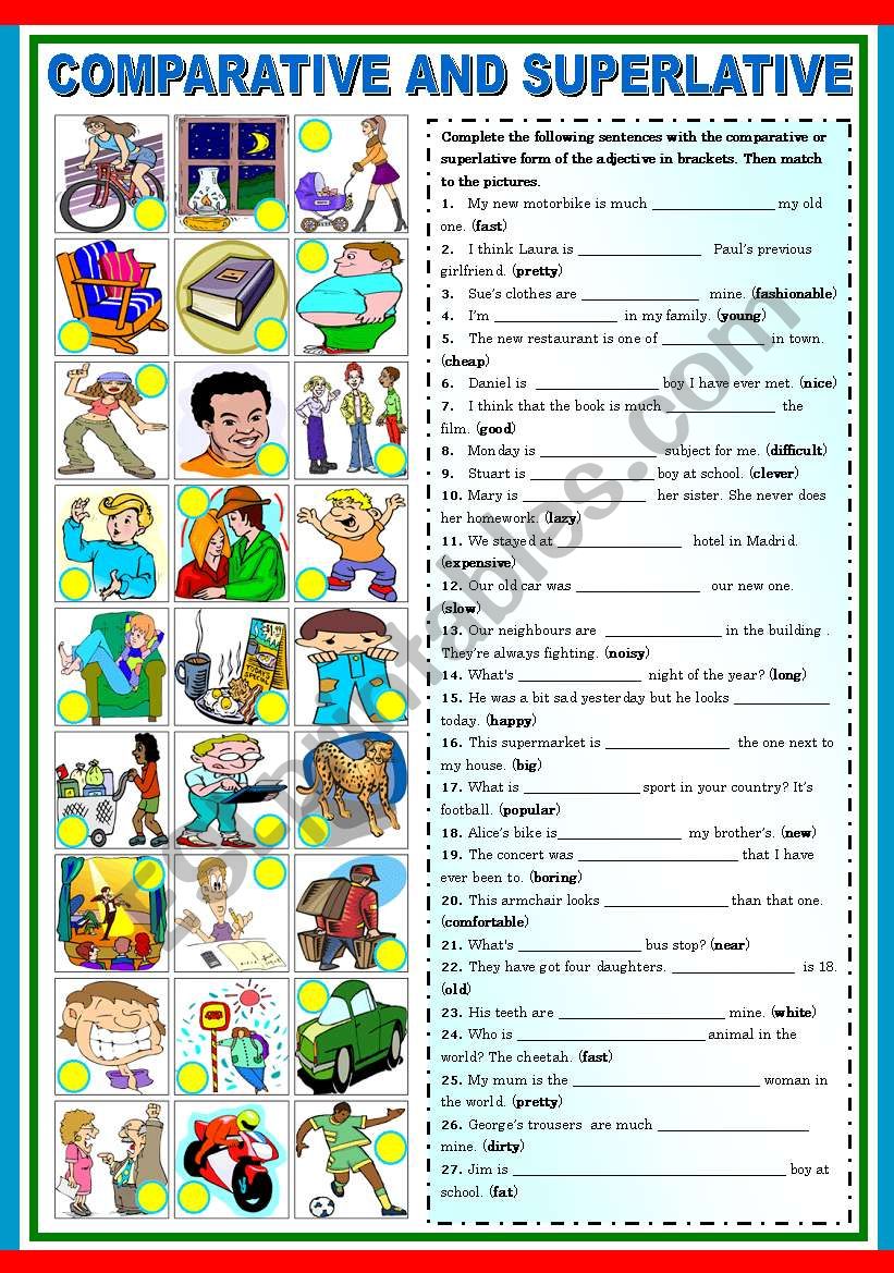 COMPARATIVE AND SUPERLATIVE- EXTRA EXERCISES 2-2 (B&W VERSION AND KEY INCLUDED)