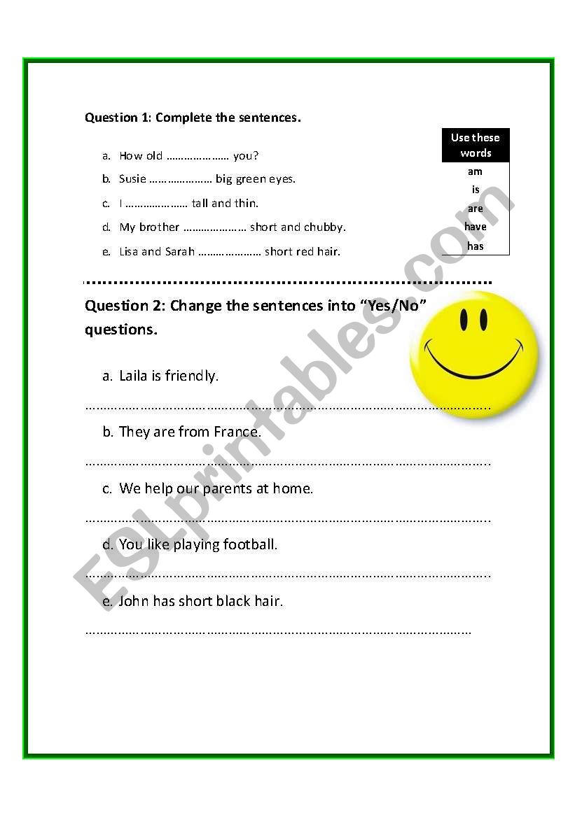 verb to be and have worksheet
