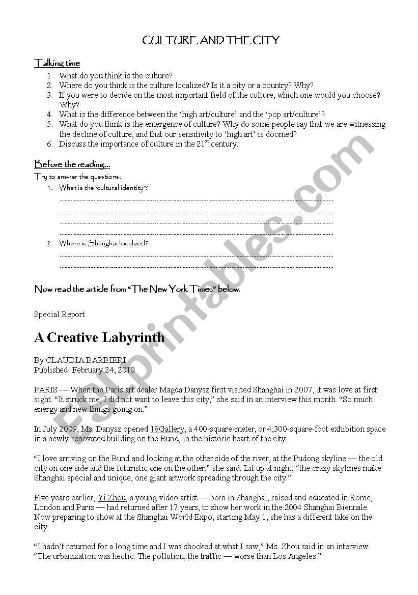 Culture and the City worksheet