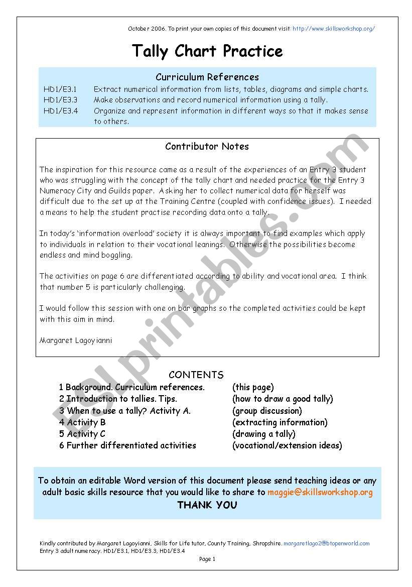 Tally Chart practice worksheet