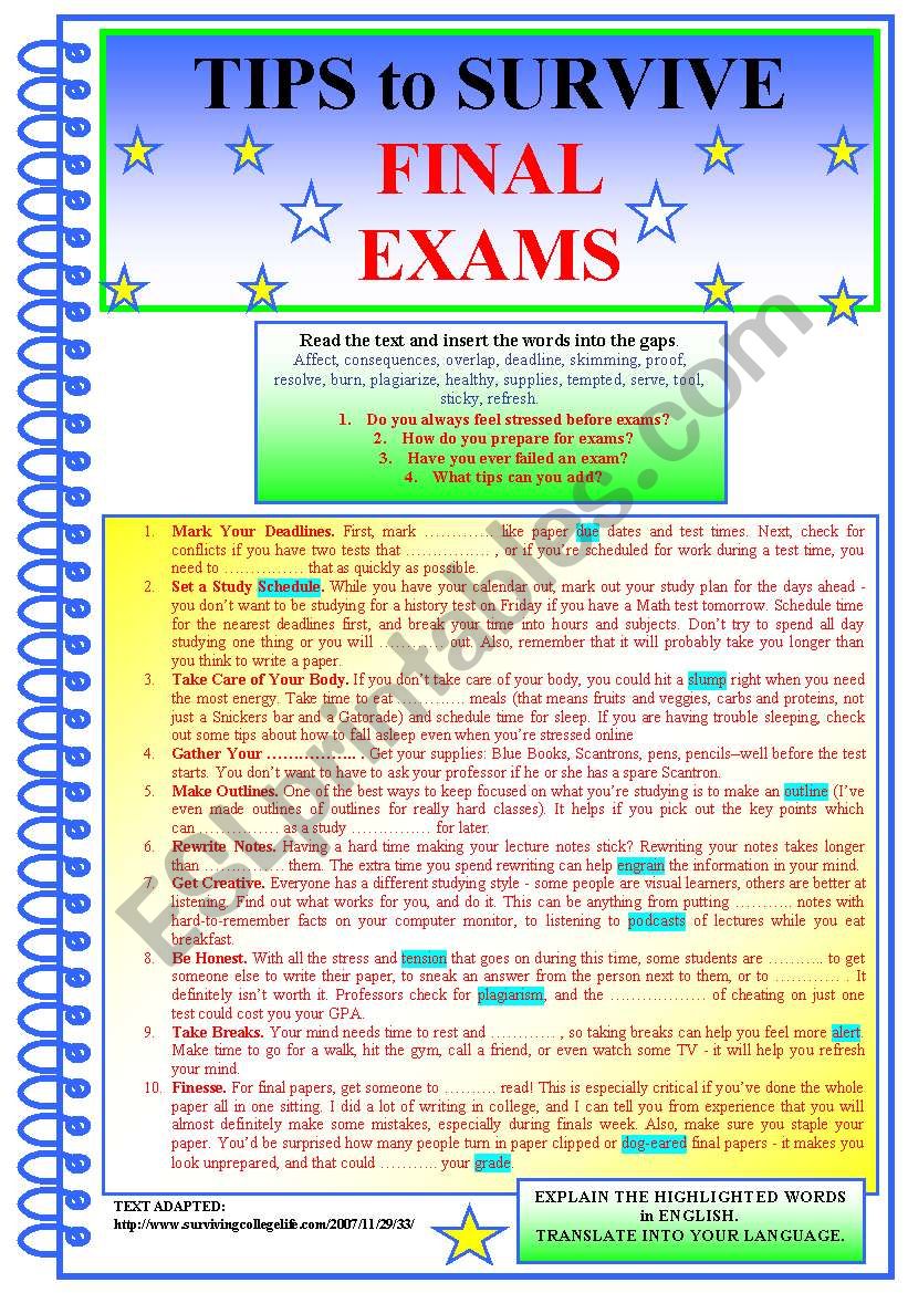Tips to SURVIVE FINAL EXAMS worksheet