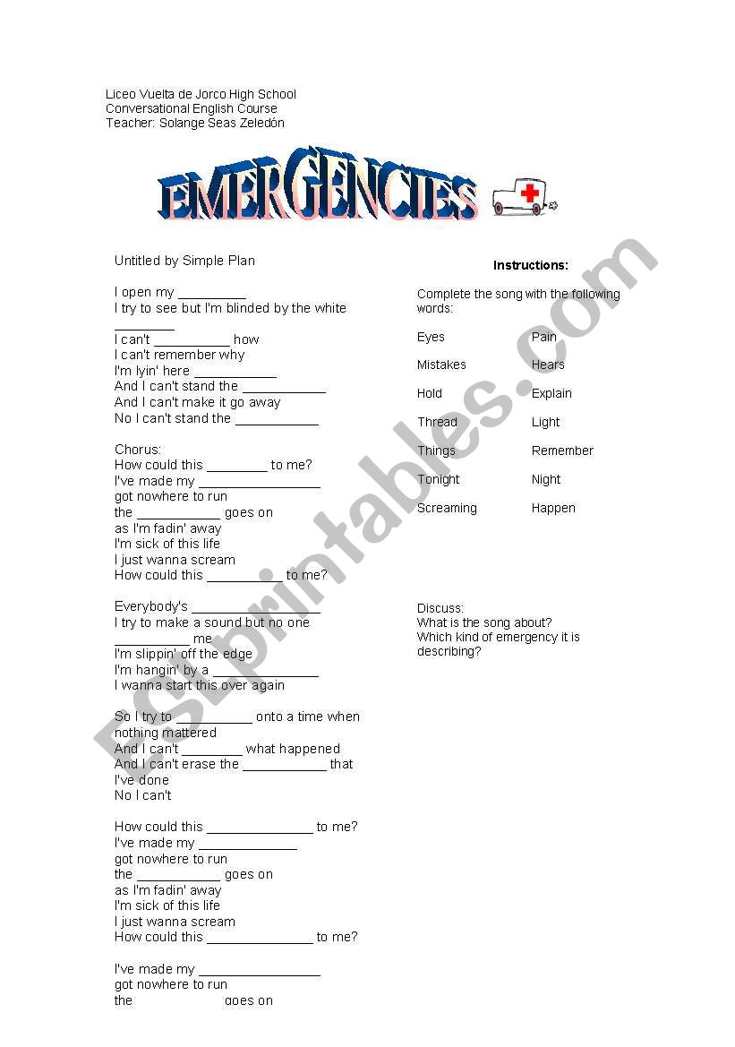 emergencies worksheet