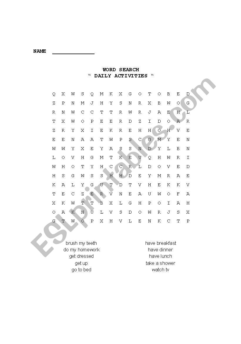 DAILY ACTIVITIES WORD SEARCH worksheet