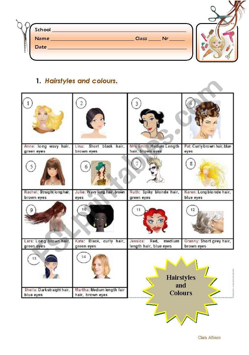 Hairstyle and colour worksheet