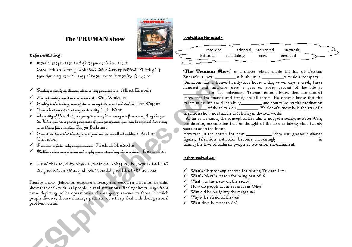 Truman show and REALITY worksheet