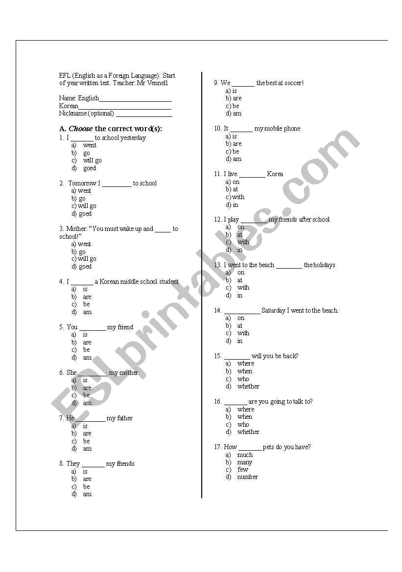 EFL Middle School Test worksheet