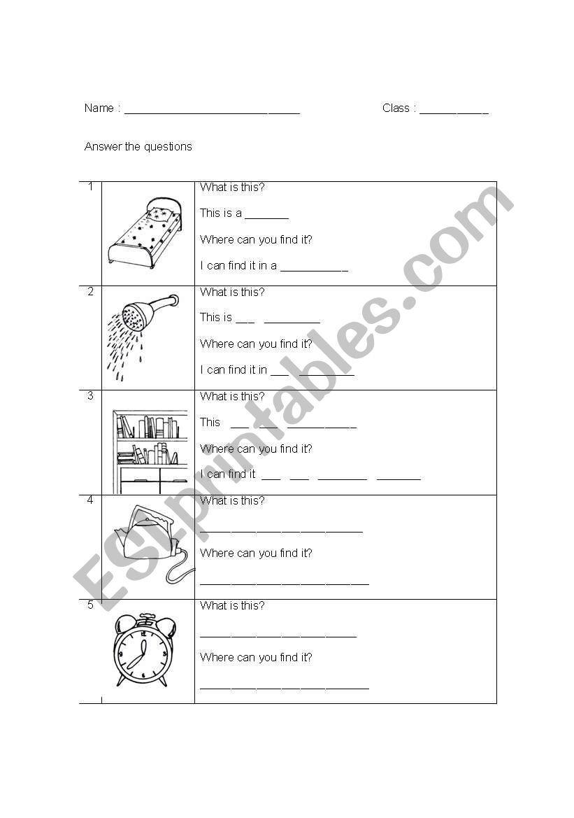 Things in house worksheet