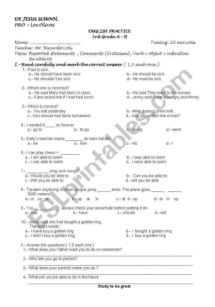 Reported statements  , Comments (Criticism) , Verb + object + infinitive