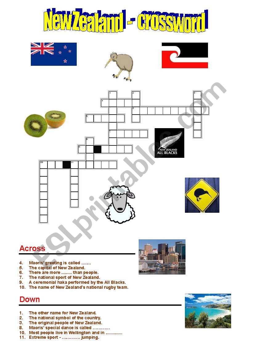 New Zealand - crossword & key worksheet