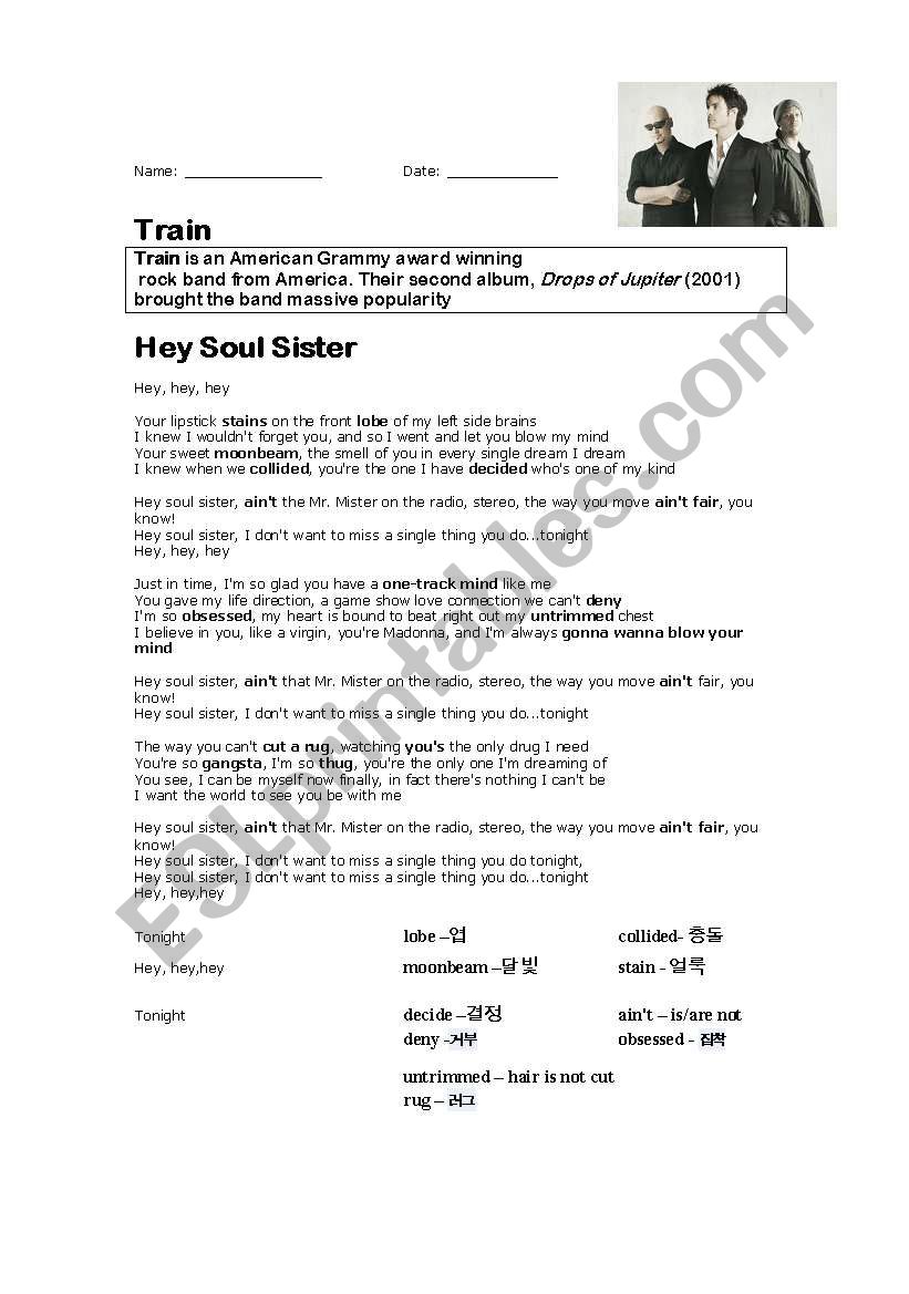 Hey Soul Sister -  Train worksheet