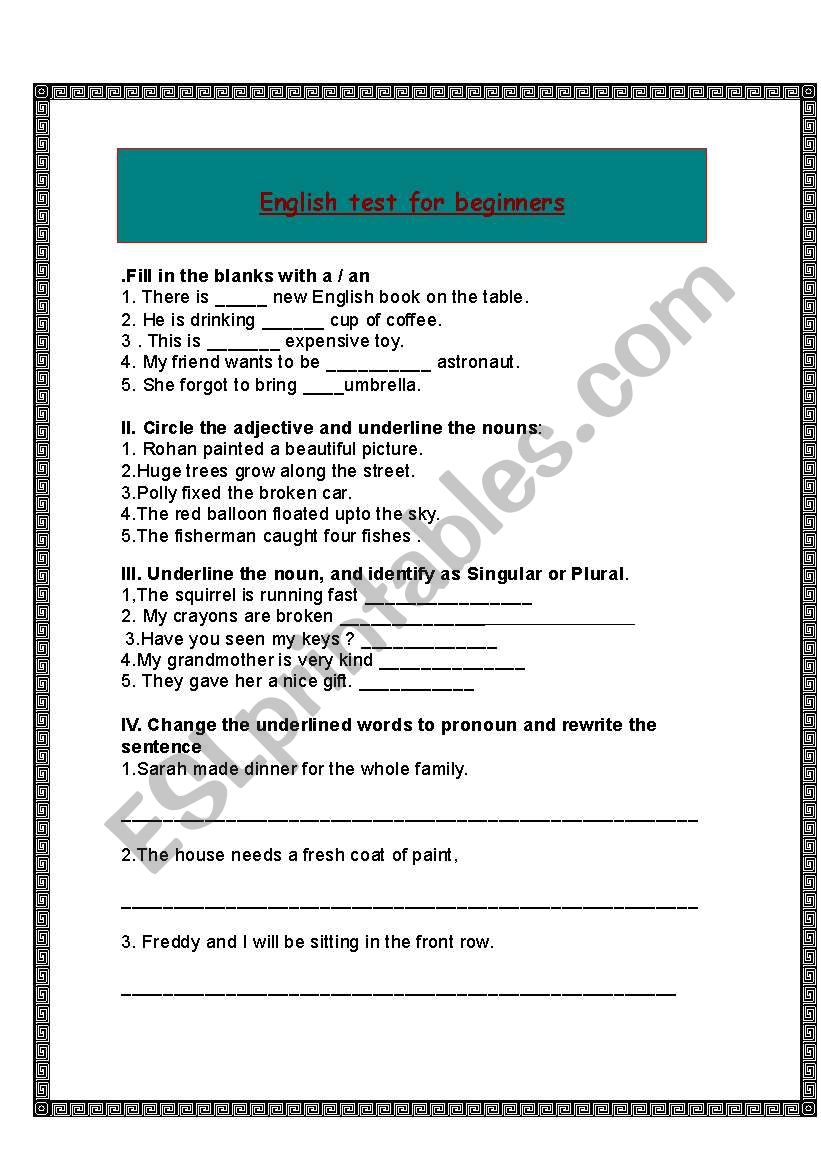 engliah test for beginners worksheet
