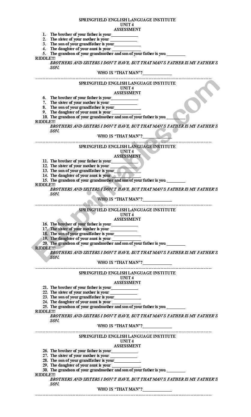 FAMILY RELATIONSHIPS worksheet