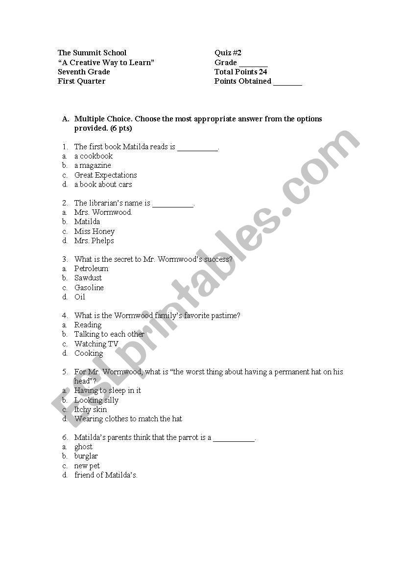 Matilda by Roald Dahl worksheet