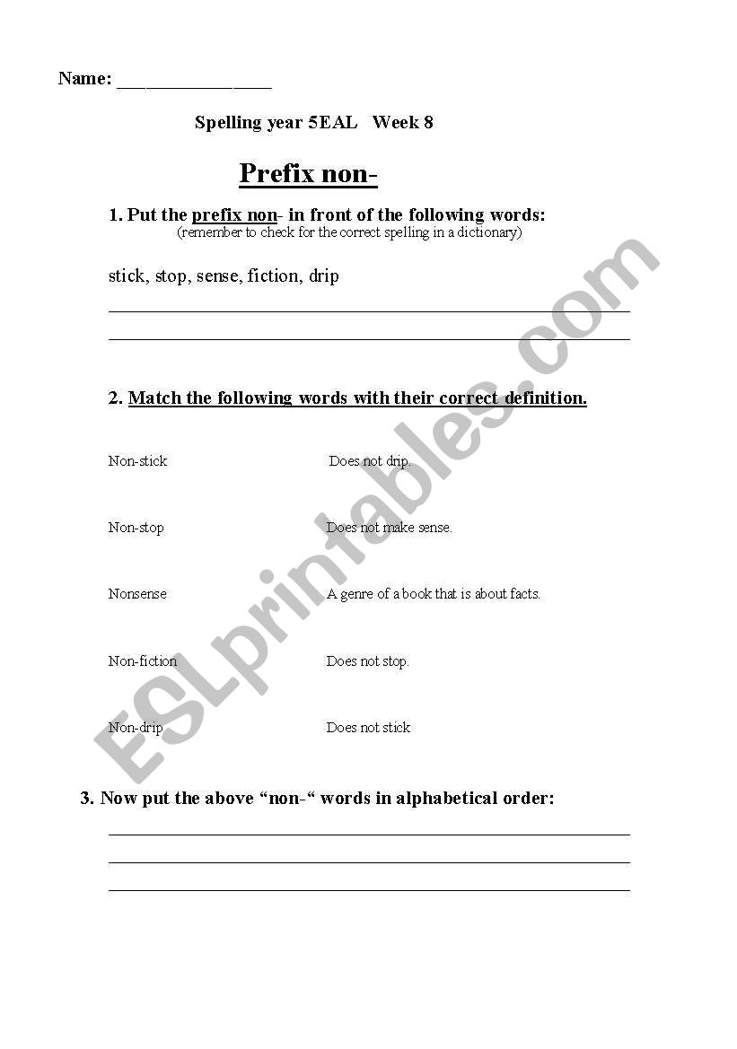 English Worksheets Prefix non 