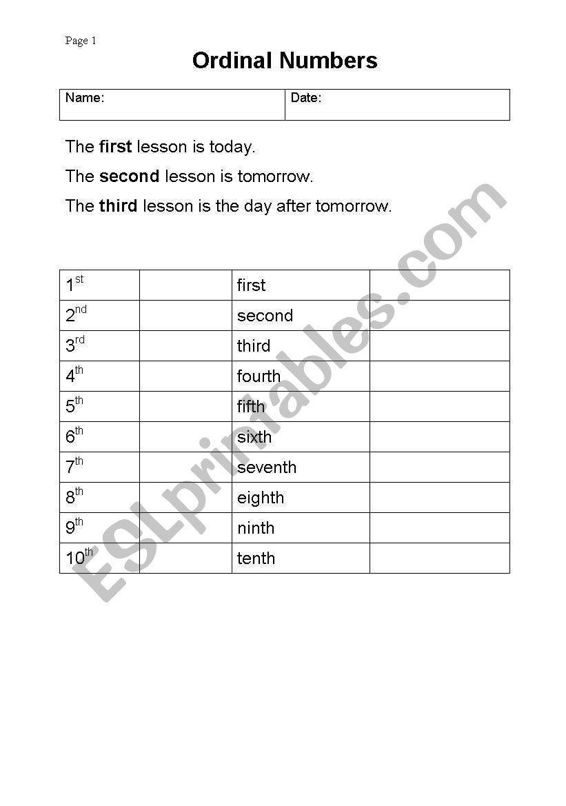 the ordinal numbers worksheet