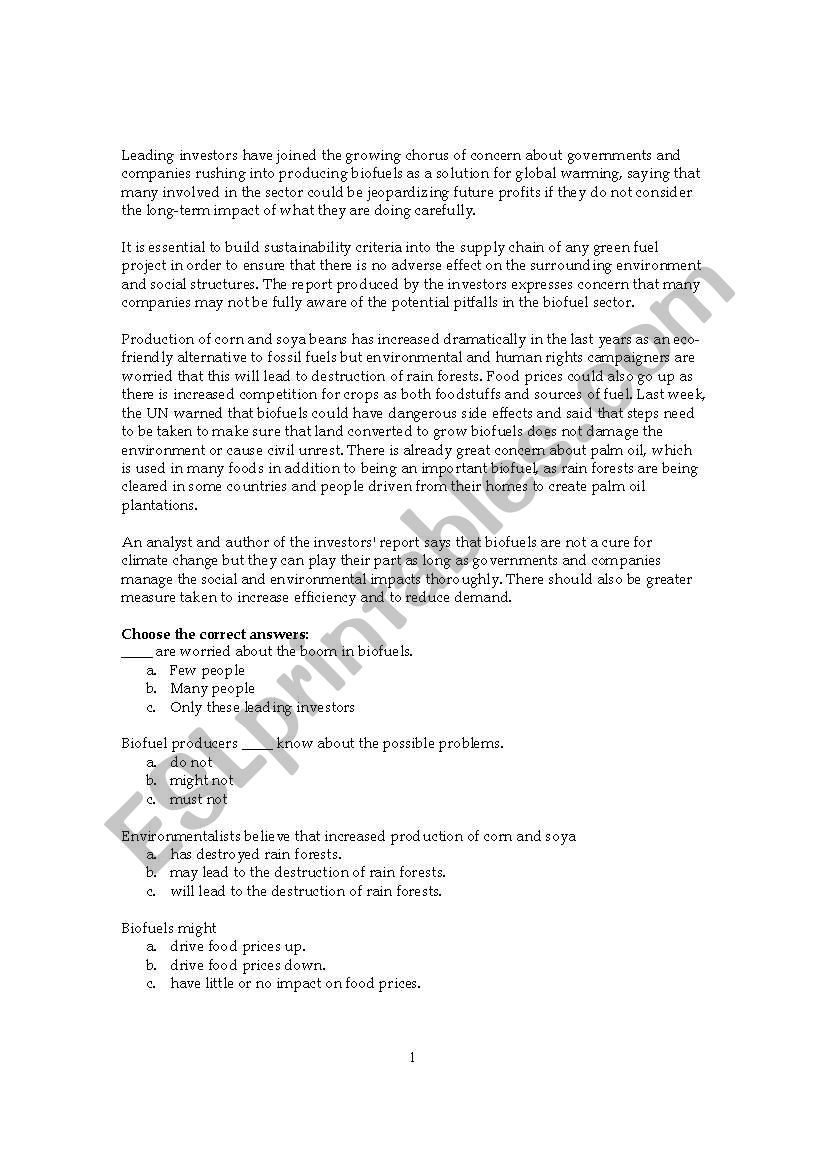 Biofuels and the environment worksheet