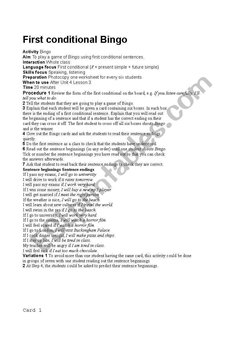 first conditional bingo worksheet