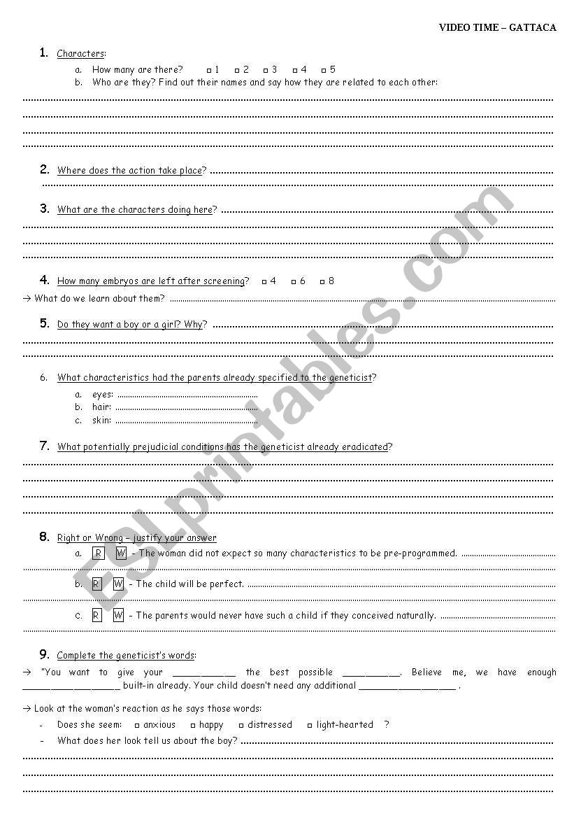 GATTACA - at the geneticists worksheet