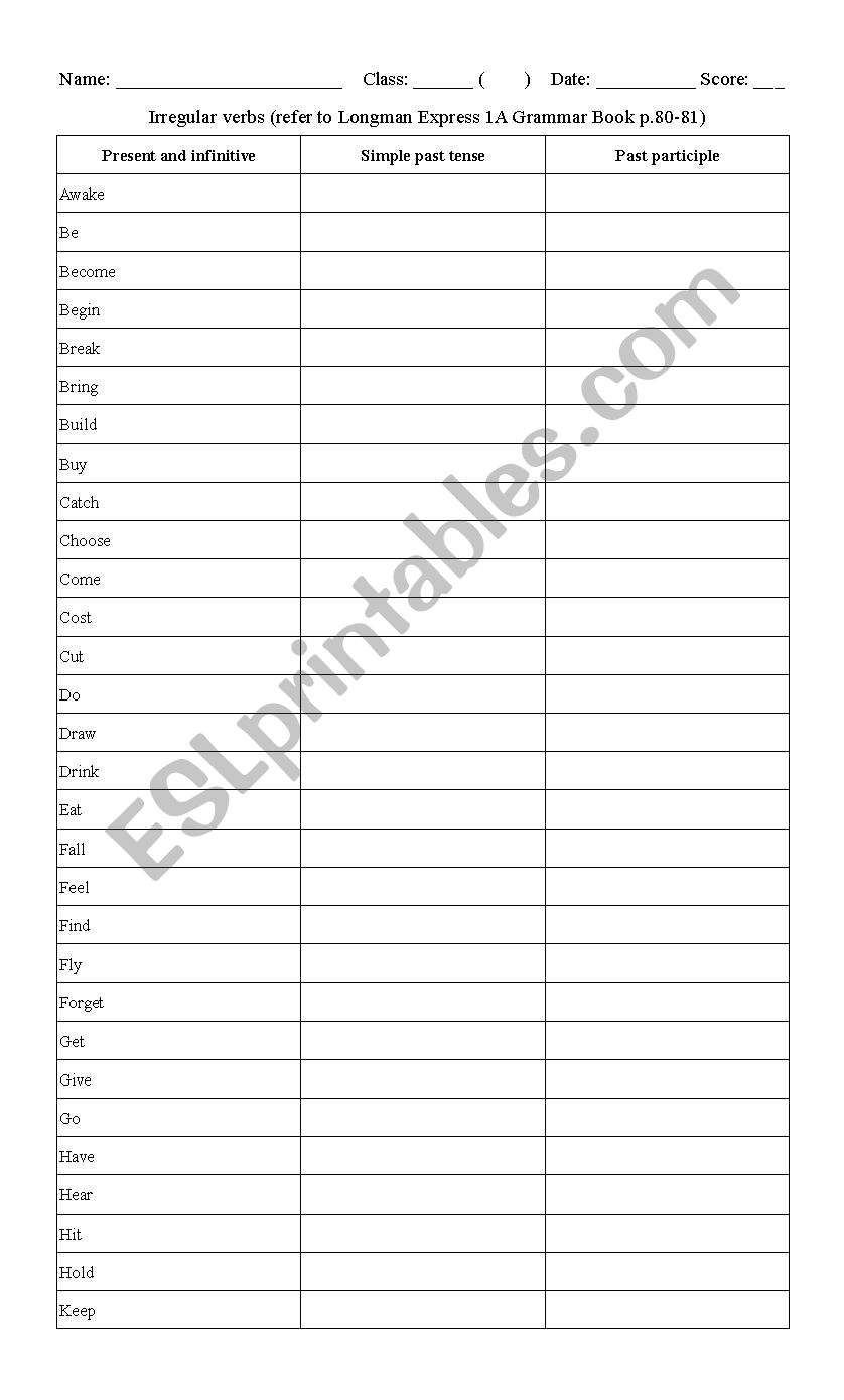 Irregular verb table worksheet