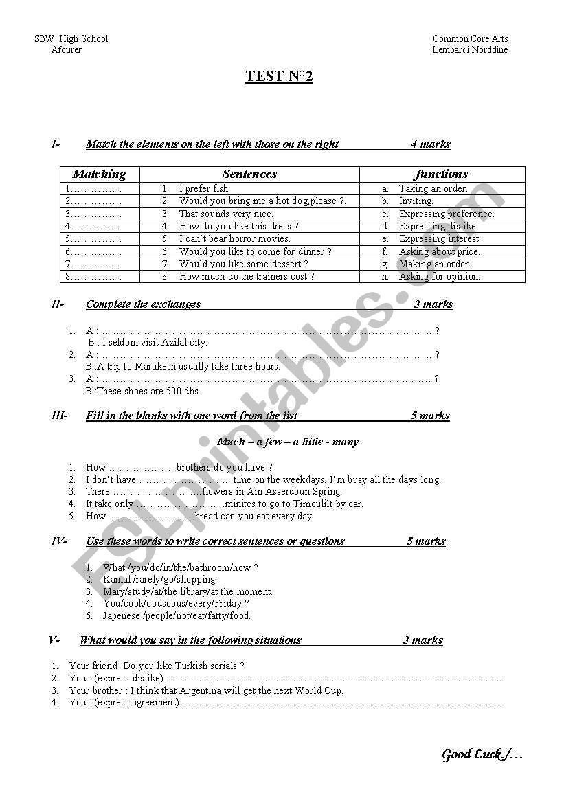 test for common core worksheet