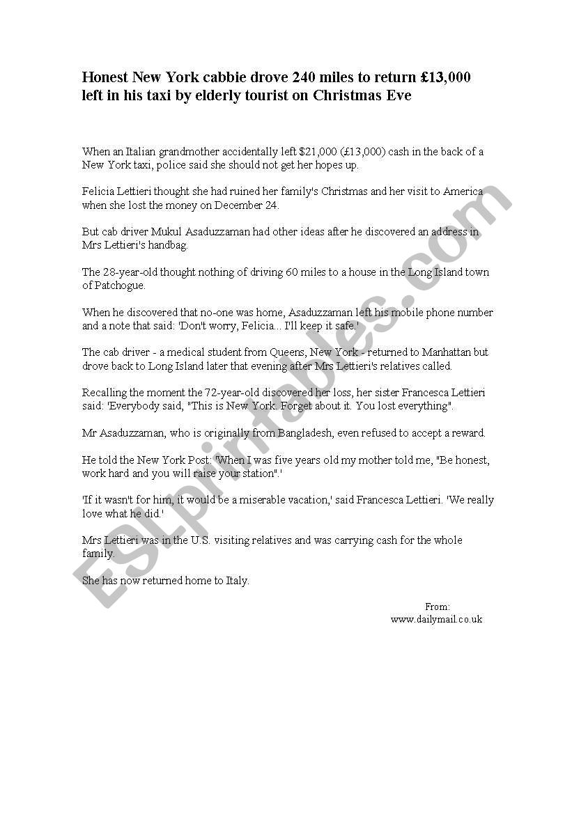 Honest New York Cabbie Drove 240 Miles To Return 13 000 ESL