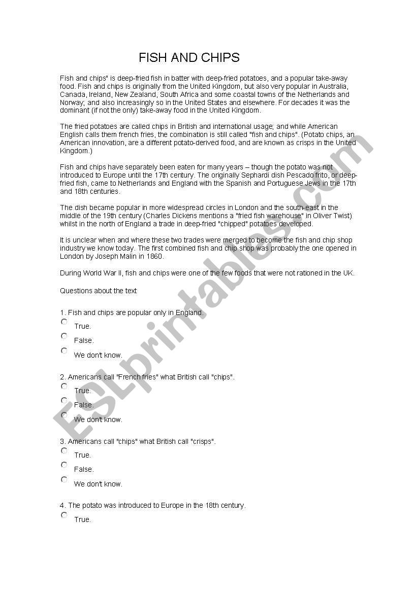 fish and chips worksheet