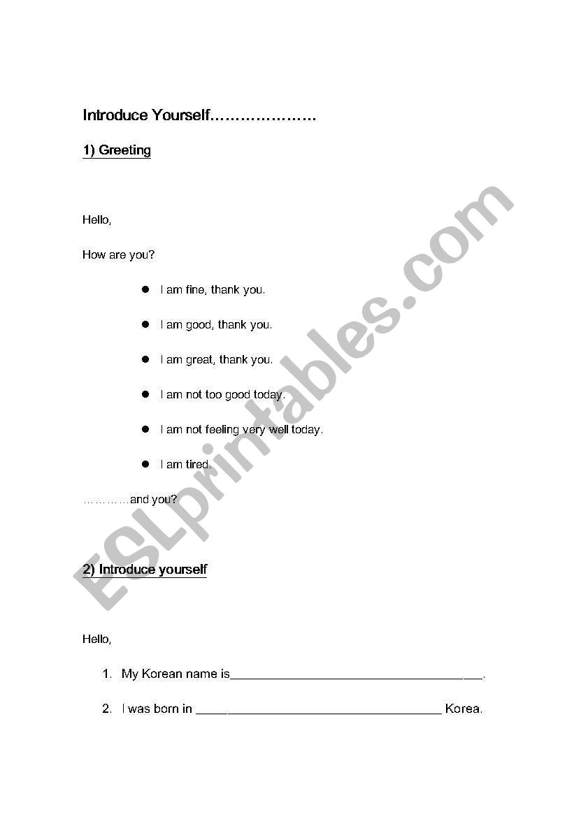 Introducing oneself worksheet