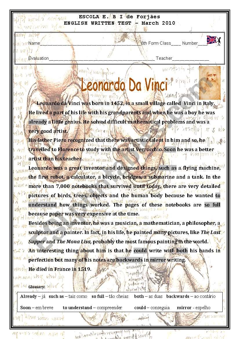 Test - Leonardo da Vinci worksheet