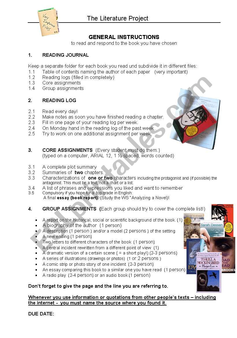 Reading Project worksheet