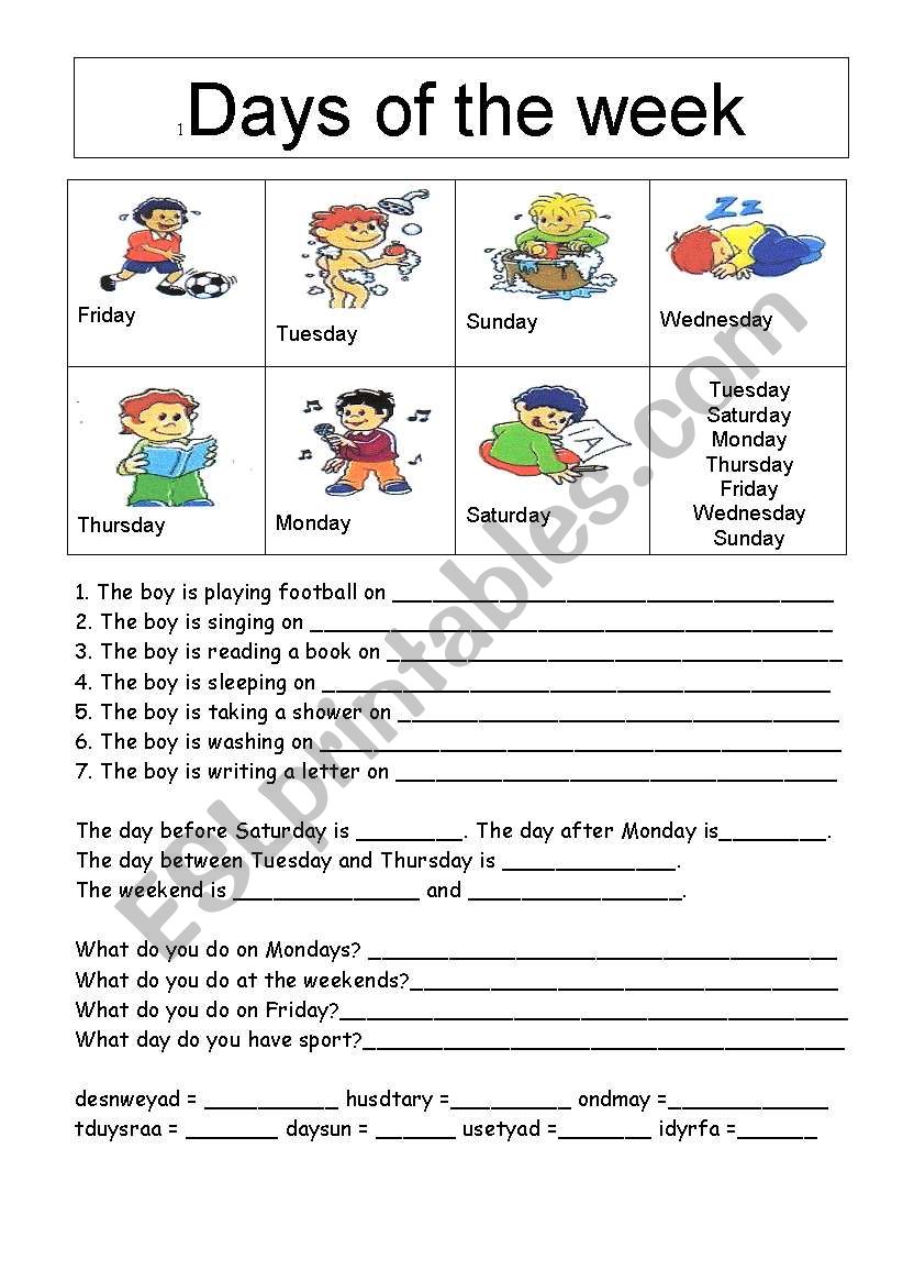 days of the week worksheet