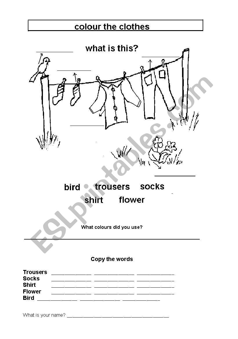 Colour and copy clothes worksheet