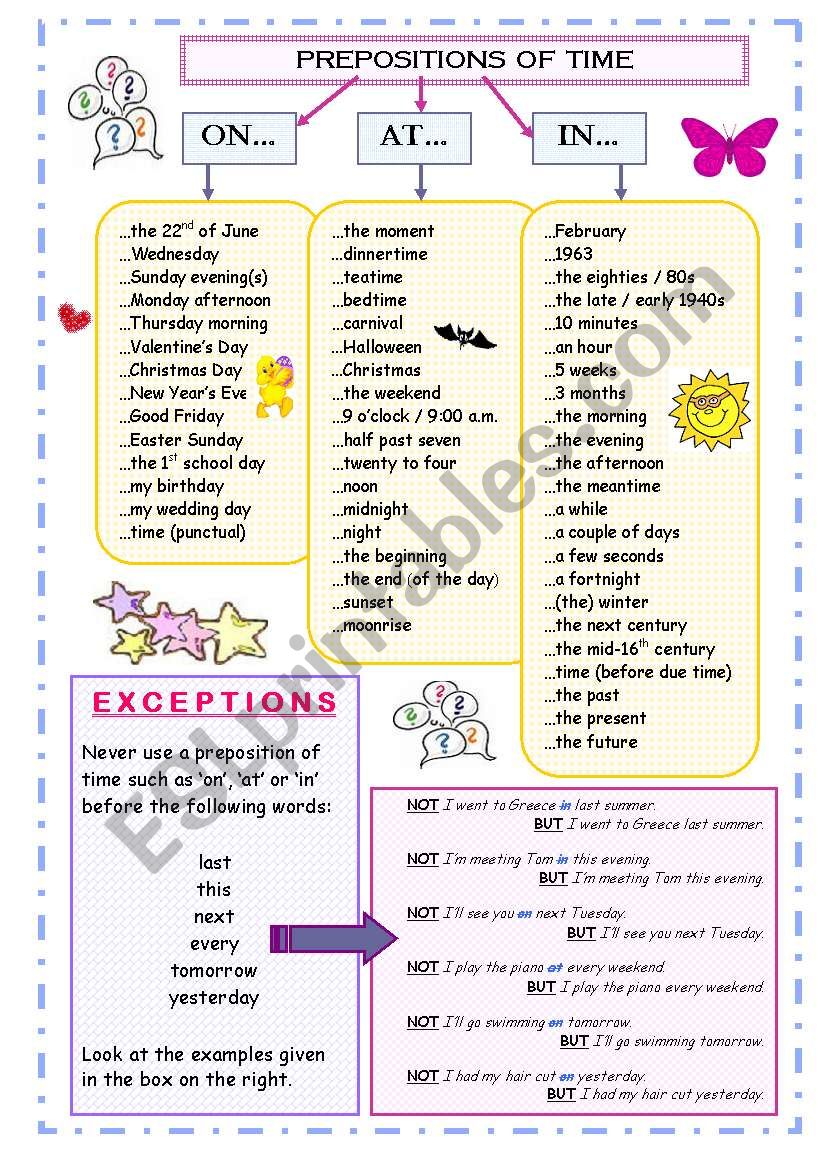 GRAMMAR POSTER / HANDOUT ON PREPOSITIONS OF TIME PLUS WORKSHEET WITH 4 EXERCISES; 5 PAGES; B&W SHEETS AND KEY INCLUDED!!