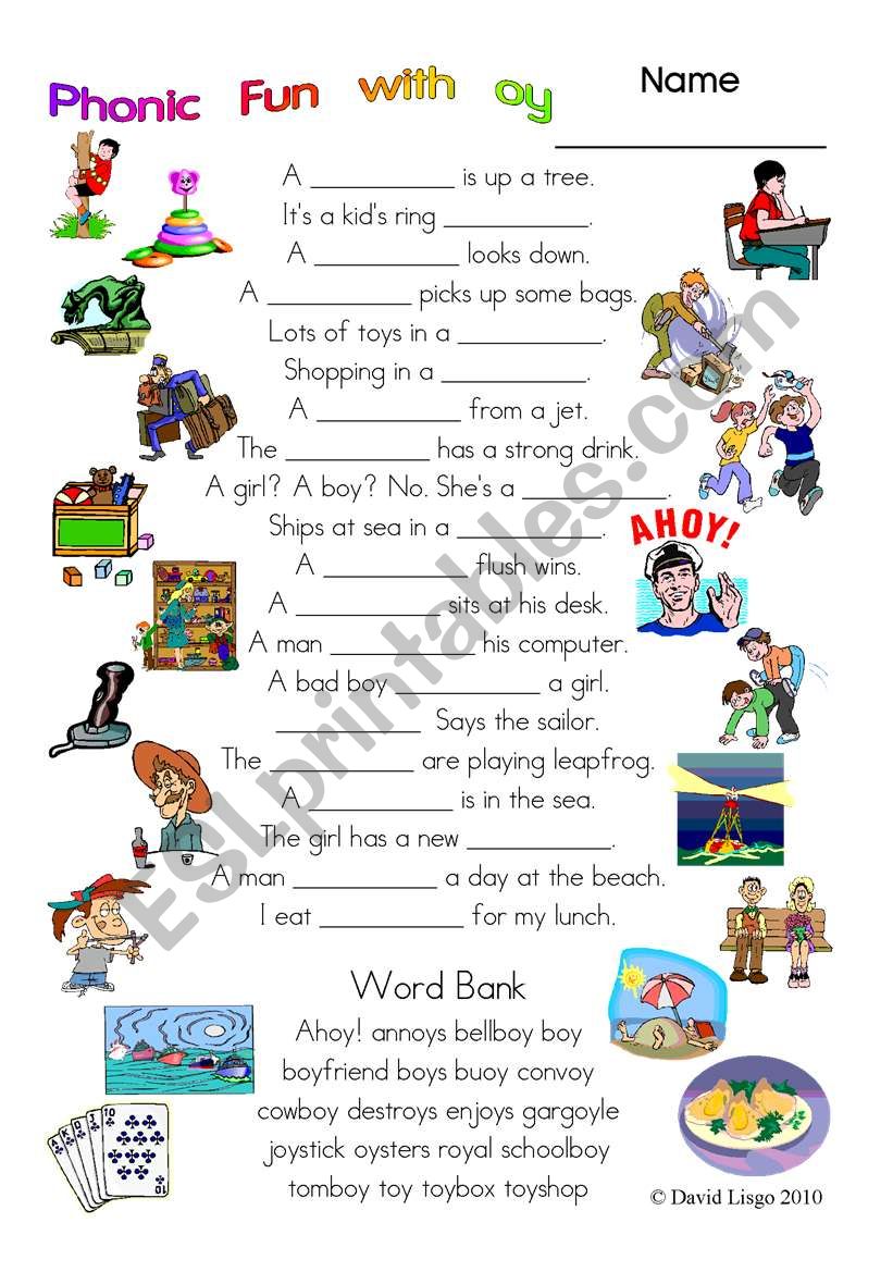 3 pages of Phonic Fun with oy: worksheet, story and key (#14)