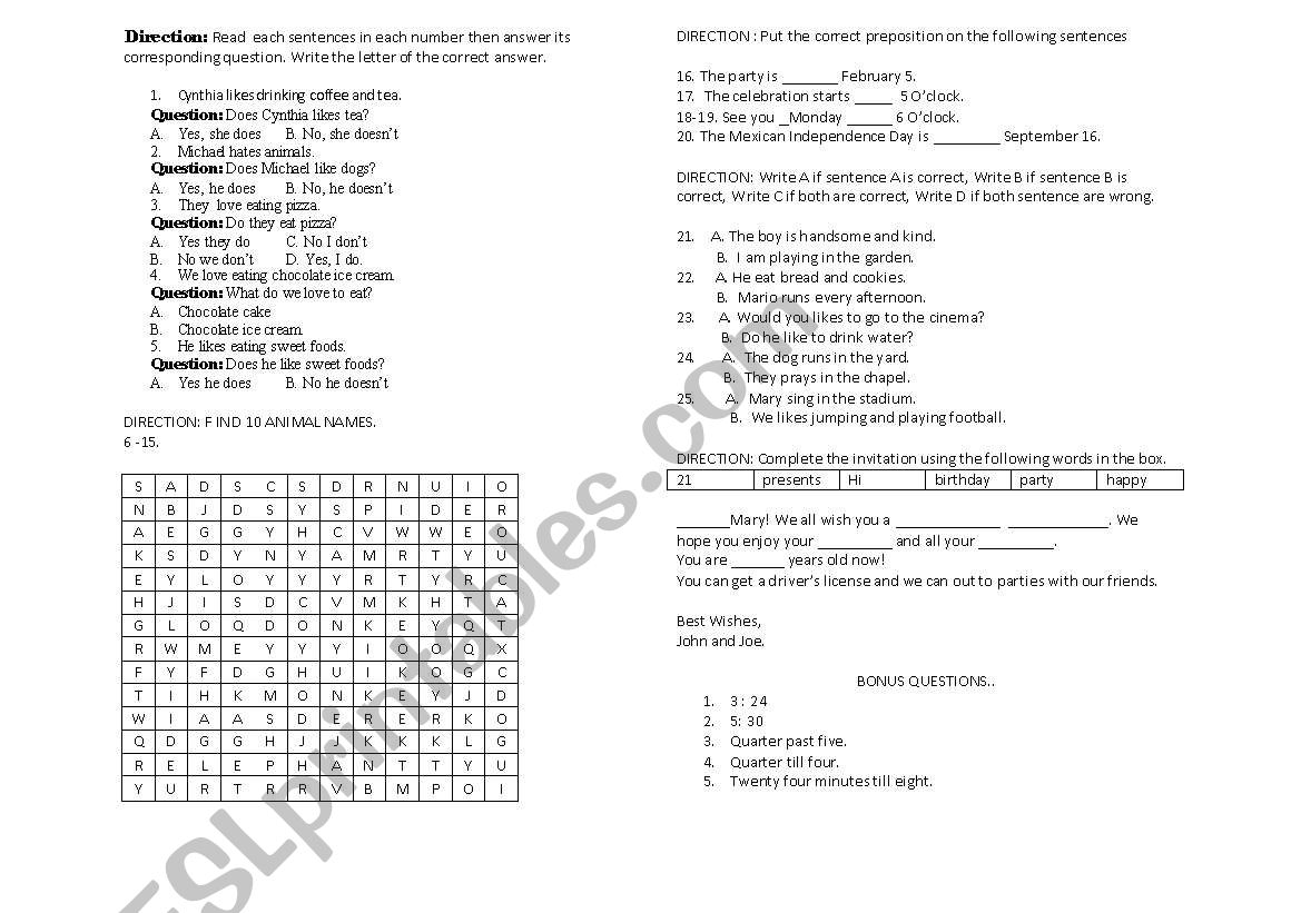 a quiz about animal names, do and does, verbs in the present tense. preposition