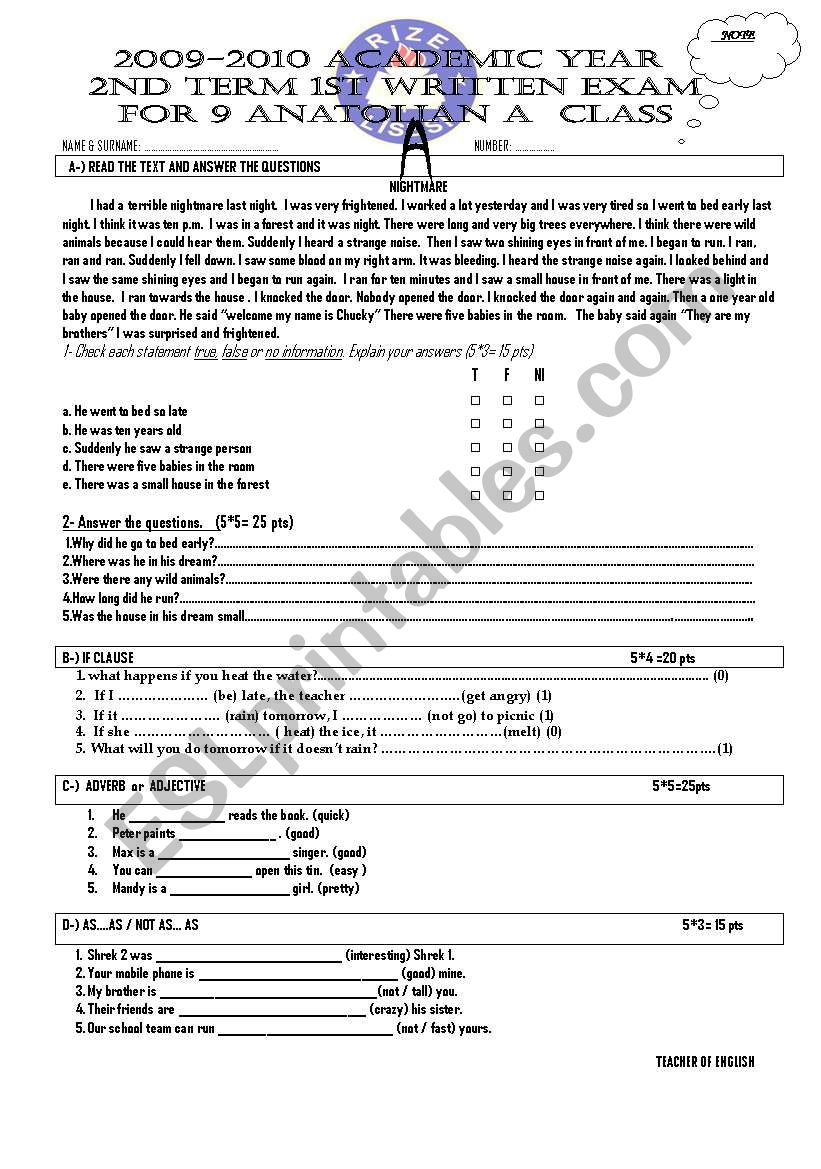 2nd tern 1st written exam for 9th grade