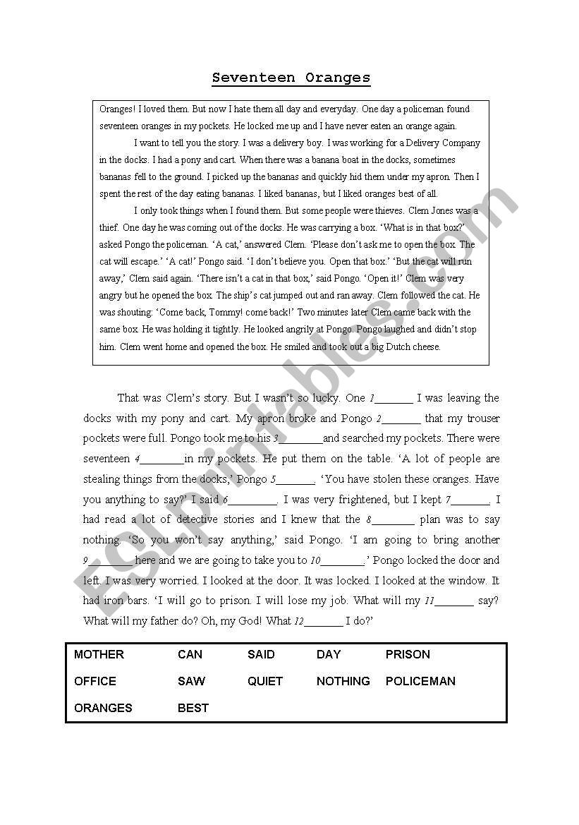Story: Seventeen Oranges worksheet