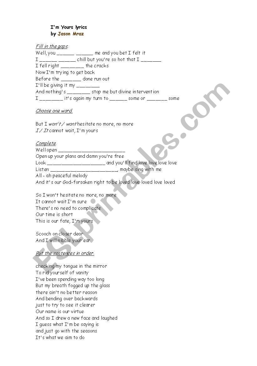 Im yours by Jason Mraz worksheet