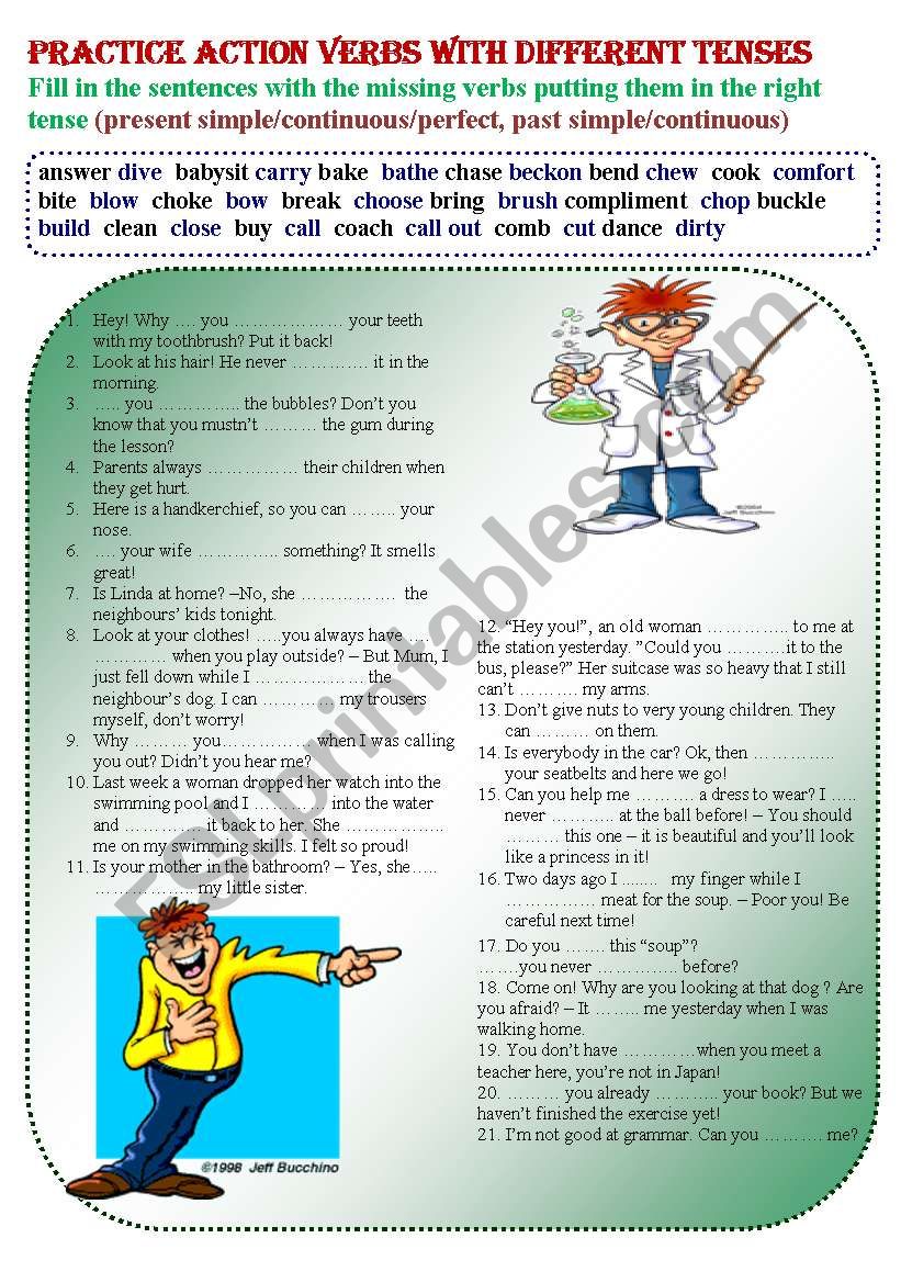 Practice action verbs with different tenses